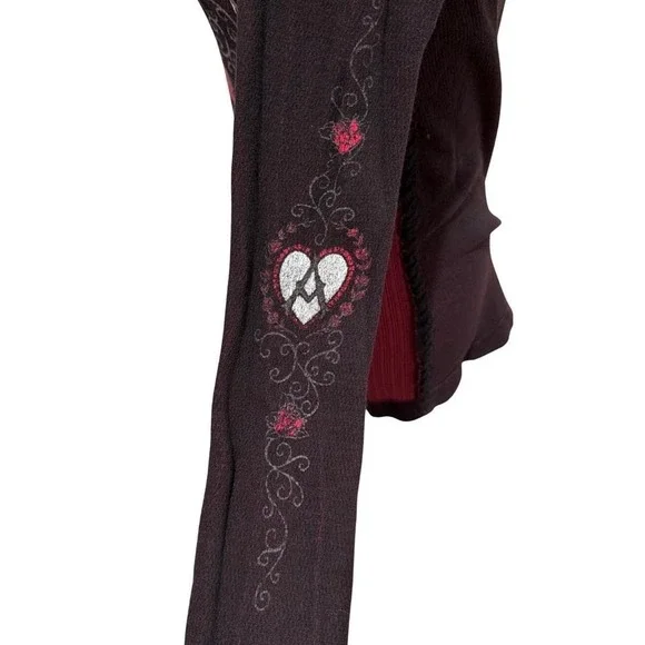 Y2K 2000s Grunge Affliction Long Sleeve Black Burgundy Rose Sugar Skull Tattoo - Picture 2 of 3